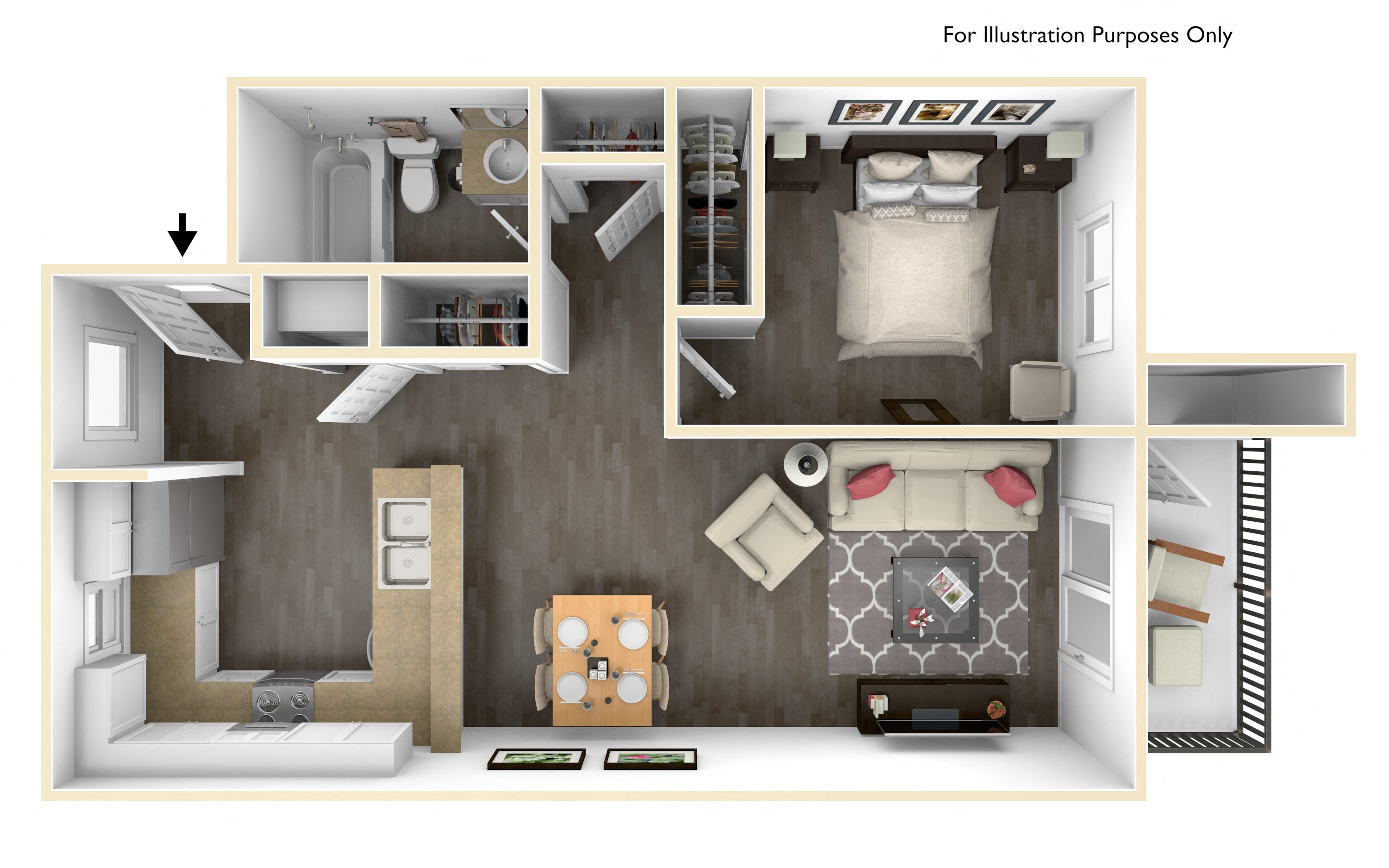 Floor plan for 1 bed, 1 bath, 597 sqft
